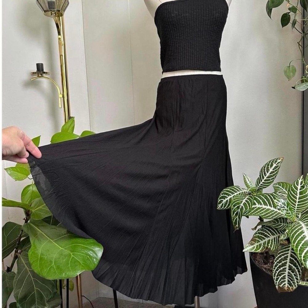 Rafael Essential Black Pleated Maxi Skirt Sheer Lined Elastic Waist Womens Large